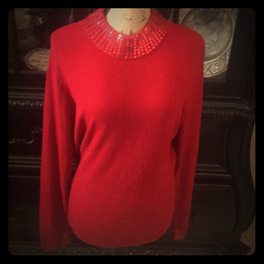 Karen Scott Red Sweater with Red Sequins Neck